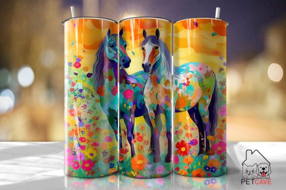 Horses Colorful Floral Tumbler PNG